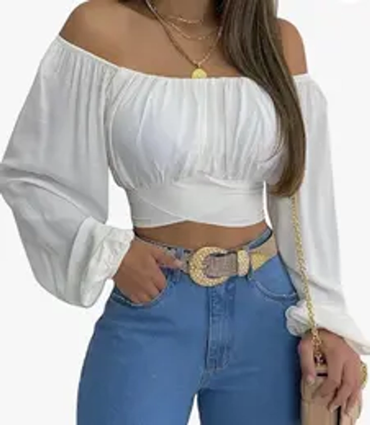 MIRACMODA Off Shoulder Ruched Tie Back Crop Top- Chic and Comfortable Summer Shirt for Women, Lantern Sleeves and Square Neckline, High-Quality Rayon and Polyester Blend Fabric