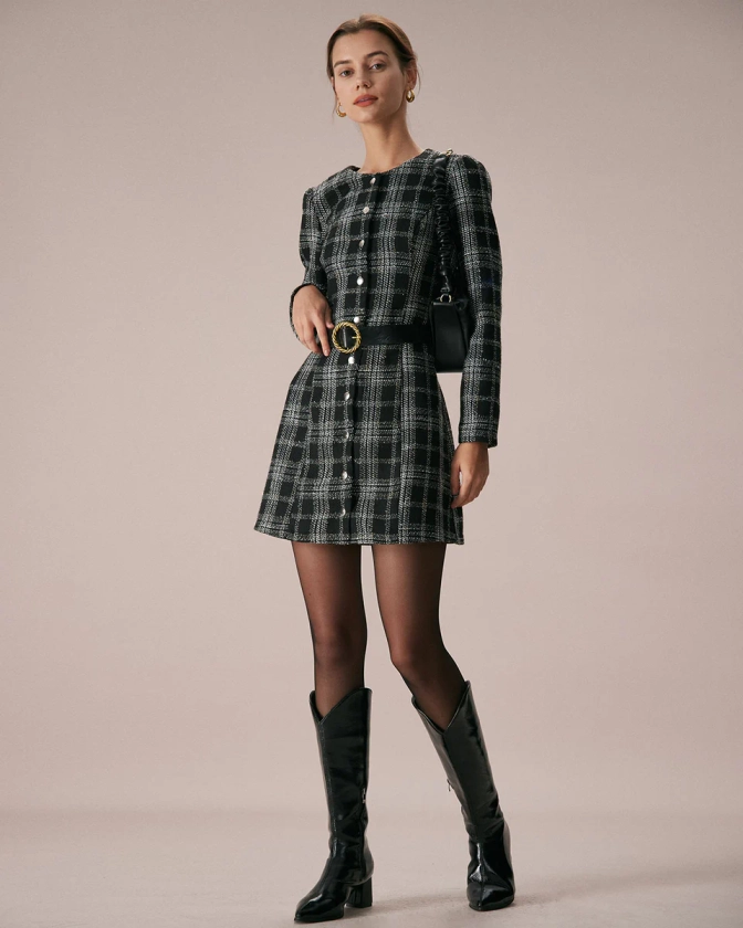 The Black Crew Neck Plaid A-Line Mini Dress & Reviews - Black - Dresses | RIHOAS