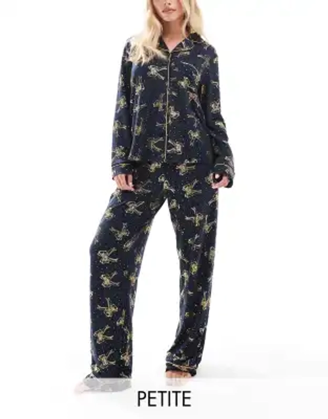 Chelsea Peers Petite poly Christmas foil bow print long sleeve revere and trouser pyjama set in navy