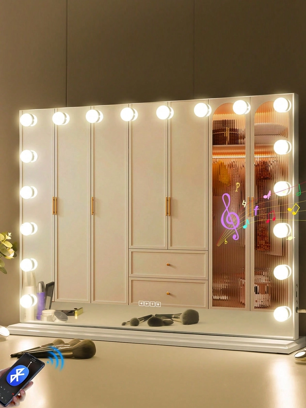 FENCHILIN 80x58cm Hollywood Vanity Mirror With Lights Large Makeup Mirror With 18 Dimmable LED Bulbs Lighted Vanity Mirror With Music Speaker 3 Color Modes Makeup Mirror With Lights And Magnification White