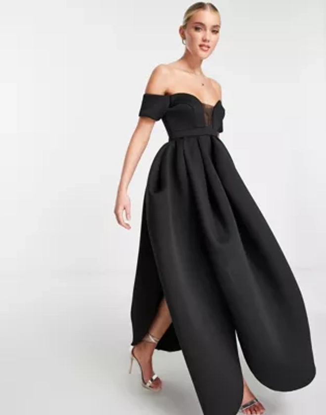 ASOS DESIGN - Robe longue de bal de promo enveloppante à épaules dénudées et empiècement en tulle - Noir