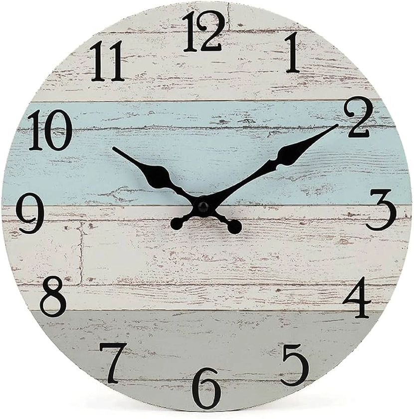 Amazon.com: Silent Non-Ticking Wooden Decorative Round Wall Clock Quality Quartz Battery Operated Wall Clocks Vintage Rustic Country Tuscan Style Wooden Home Decor Round Wall Clock (12Inch, Coastal Worn Blue ) : Home & Kitchen