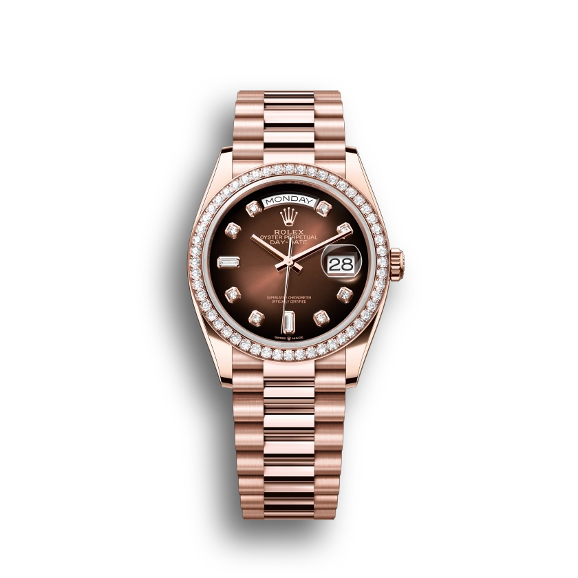 Rolex Day-Date: 36 mm, Everose gold, brown ombré, diamond-set dial, diamond-set bezel, President bracelet, m128345rbr-0040