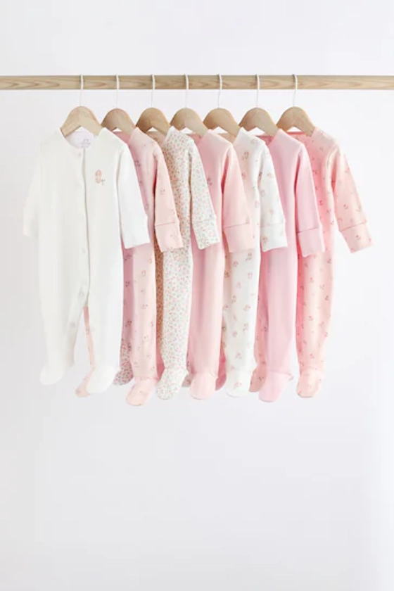 Pink 7 Pack Baby 100% Cotton Sleepsuit (0-2yrs)