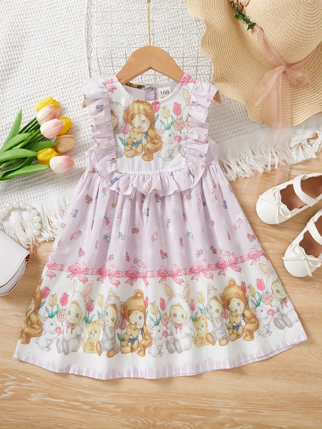 Little Girls Cute Ruffle Sleeveless Bear Print Princess Dress For Summer