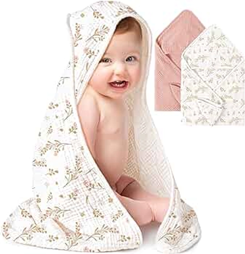 Konssy 2 Pack Muslin Hooded Baby Towels for Newborn Soft 100% Cotton Baby Bath Towel with Hood for Baby, Infant Ultra Absorbent, Baby Stuff Baby Bath Shower Gifts (Pink, Floral,30" x 30")