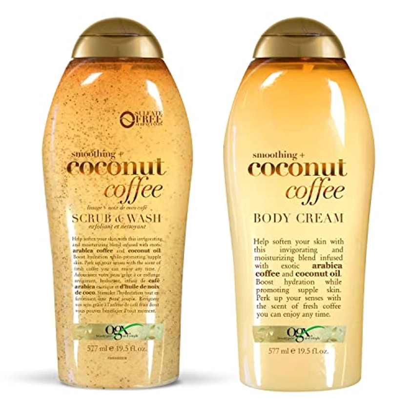 OGX Smoothing + Coconut Coffee Exfoliating Body Scrub with Arabica Coffee & Coconut Oil Coconut Body Cream, 19.5oz