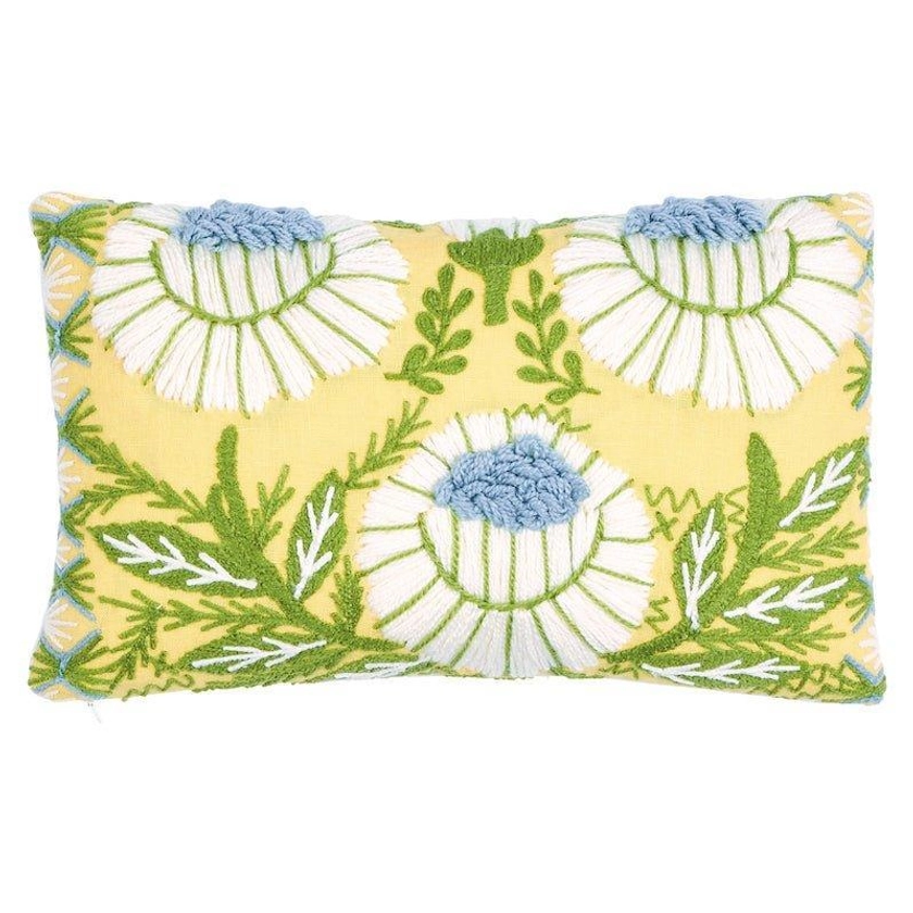 Buttercup Yellow Marguerite Floral Embroidered Lumbar Throw Pillow