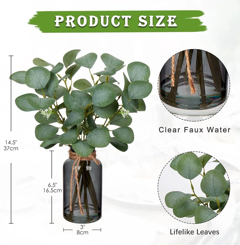 Amazon.com: Briful Artificial Eucalyptus Stems in Black Glass Vase with Faux Water, 14" Fake Plant Eucalyptus Leaves for Home Office Farmhouse Wedding Centerpiece Décor : Home & Kitchen