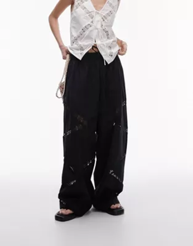 Topshop linen lace insert elasticated wide leg trouser in black | ASOS