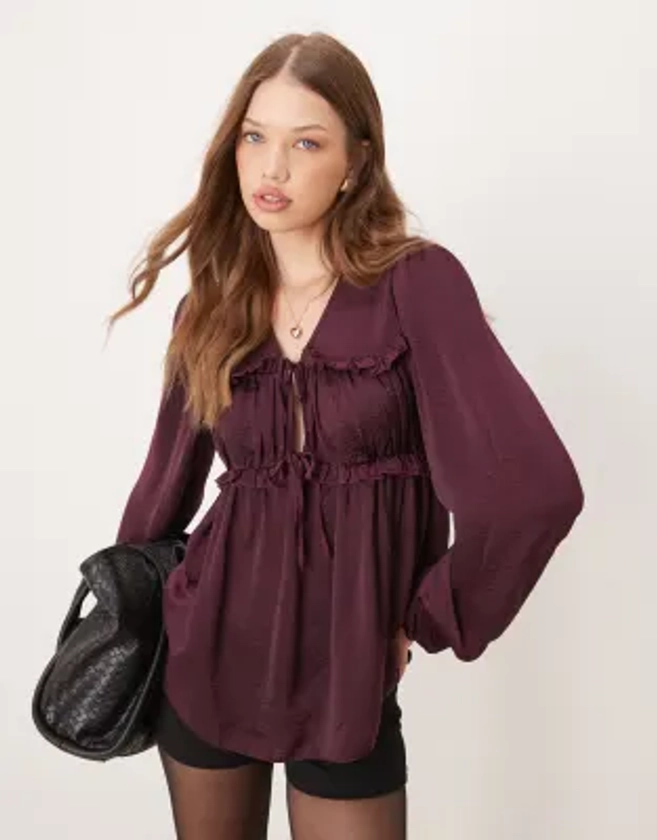 ASOS DESIGN ruched front tie detail blouse in burgundy | ASOS