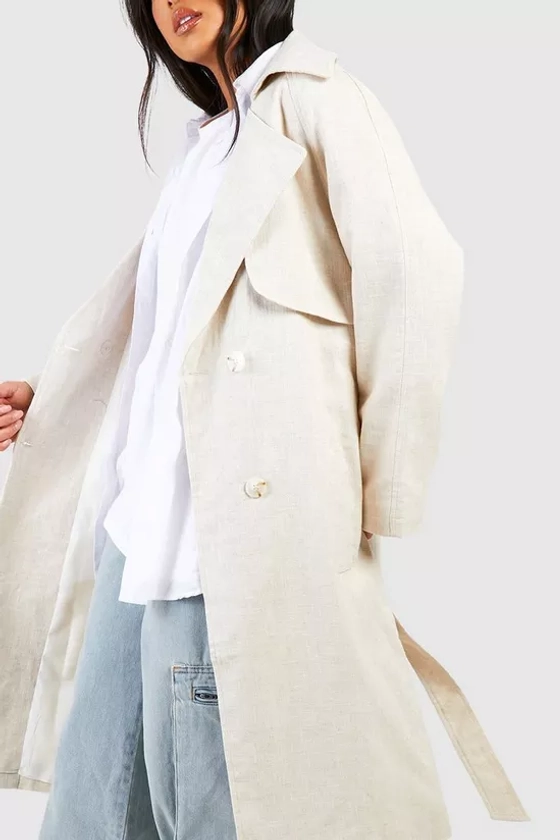 Jackets & Coats | Petite Linen Look Belted Trench Coat | boohoo