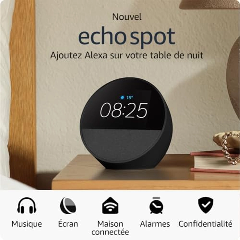 Nouvel Amazon Echo Spot (modèle 2024) | Réveil connecté avec un son de qualité et Alexa | Noir : Amazon.fr: Autres