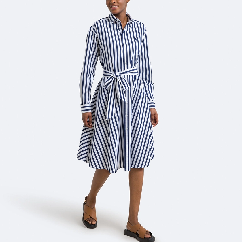 Striped Cotton Shirt Dress with Long Sleeves