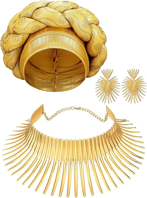 Yinkin African Jewelry Set for Women Party Gold Statement Earrings Collar Bib Necklaces African Turban Head Wrap for Theme Party