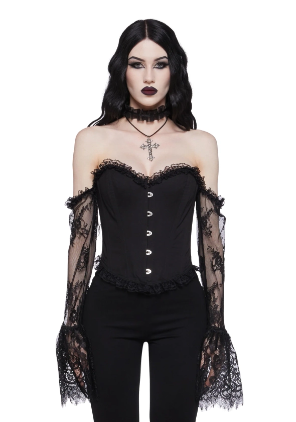 Widow Corset Top with Lace Sleeves - Black
