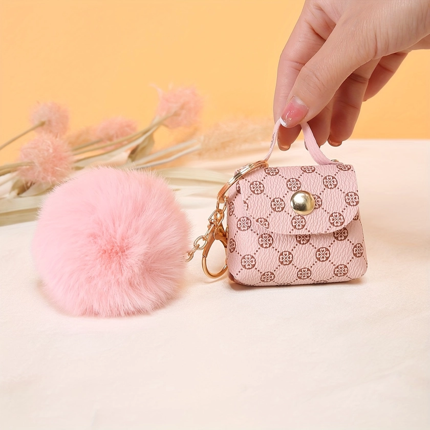 Mini Retro Style Coin Purse Keychain With Tassel And Fluffy Pom-Pom, Magnetic Snap Charm Bag Pendant For Women&#39;s Travel Accessory