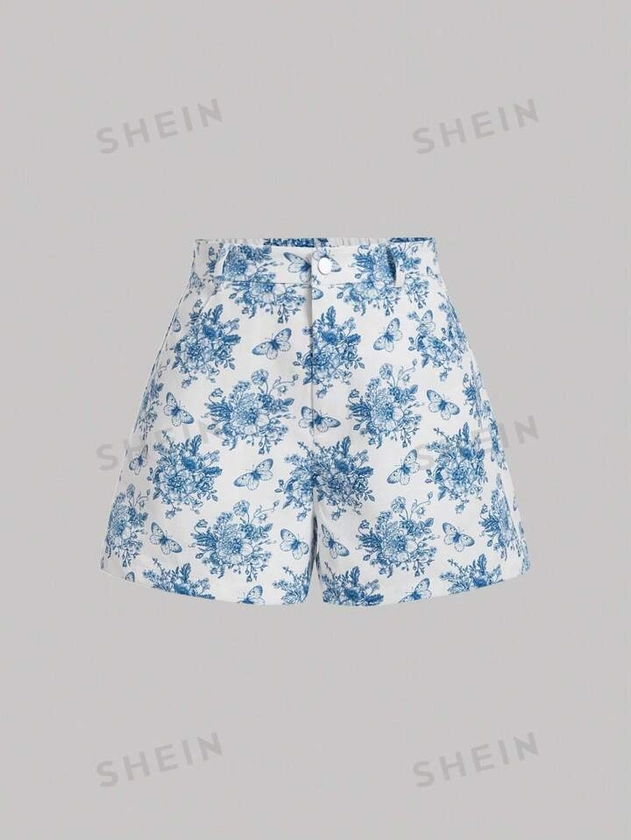 SHEIN MOD Women's All-Over Floral Pattern Straight Shorts,Cute Shorts,Summer Shorts,Floral & Butterfly Print | SHEIN USA