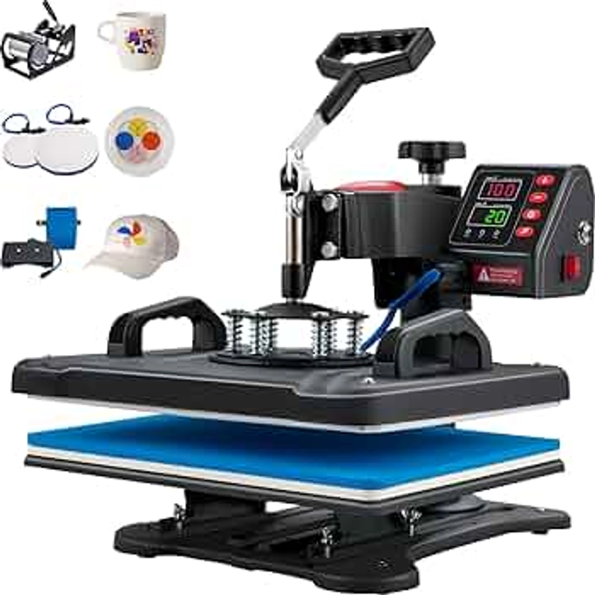 VEVOR 5 in 1 Heat Press Machine for T Shirts -12x15 Inch T Shirt Press with 6"x3"Hat Press11oz Mug Press - 360° Swing Away 900W Fast Heat-up, Digital Precise Temperature Control Pro Heat Press