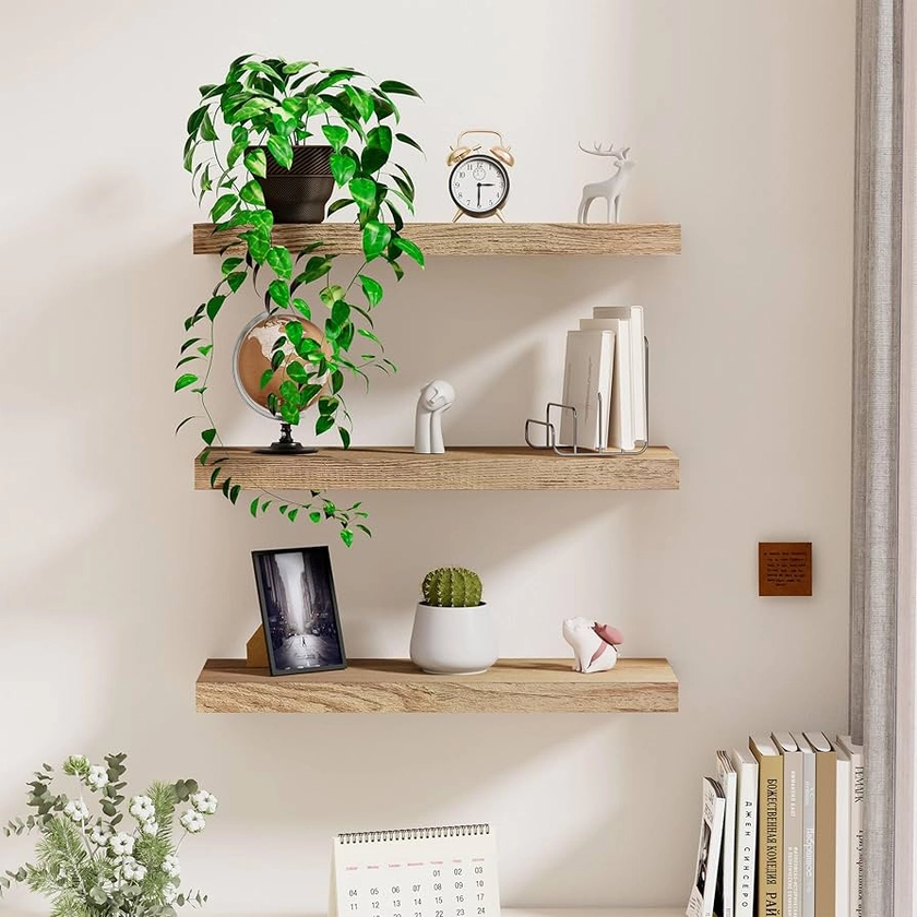 wyewye Wooden Floating Shelves Set of 3, Wall Mounted Rustic Shelves, Decorative Floating Shelf Length 40 cm, Wall Display Racks with Invisible Brackets for Bedroom, Kitchen, Living Room, Office