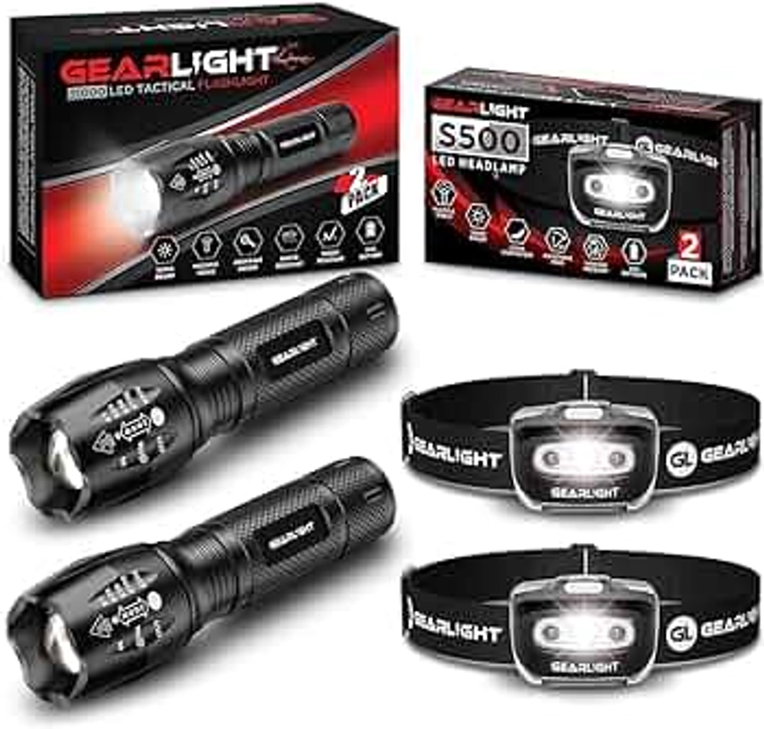 GearLight S1000 LED Tactical Flashlight with Holster [2 Pack] S500 LED Headlamp [2 Pack] Bundle