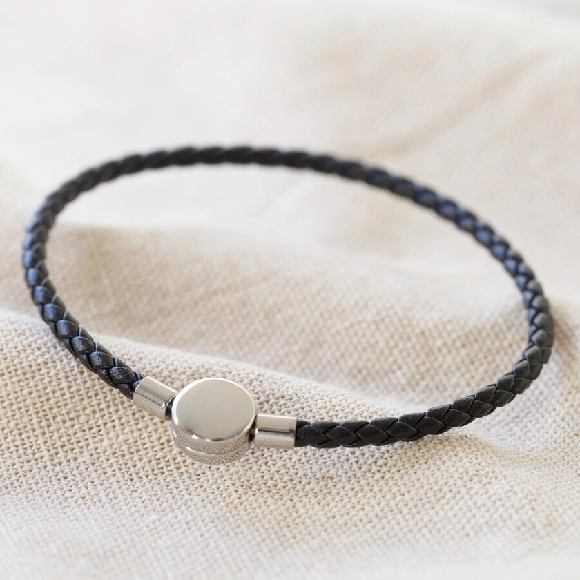 Men's Black Leather Bracelet with Disc Clasp