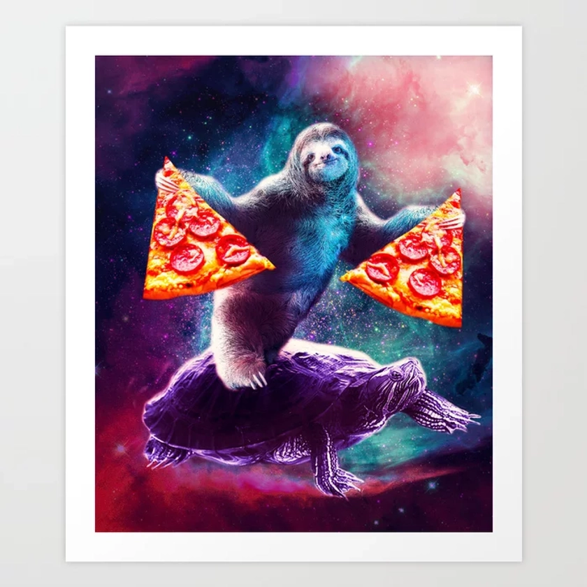 Funny Space Sloth With Pizza Riding On Turtle Art Print by Random Galaxy