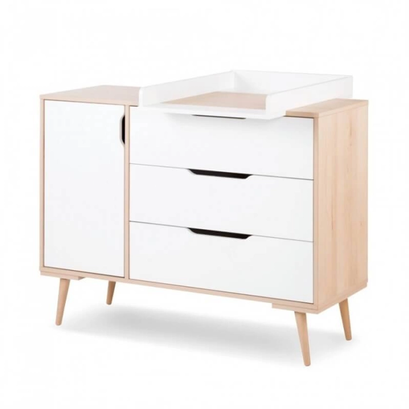 SOFIE - Commode blanche et hêtre avec plan à langer pour chambre bébé