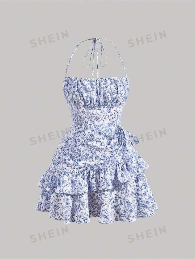 SHEIN MOD Floral Print Ruffle Trim Tie Backless Ruched Bust Layered Halter Summer Short Dress | SHEIN UK