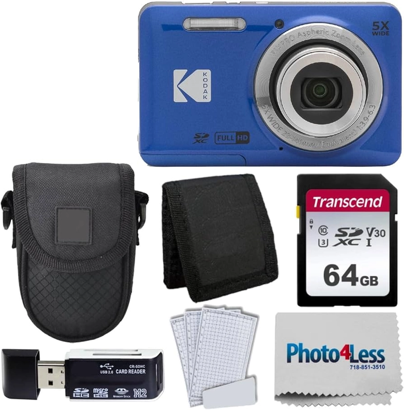 Kodak PIXPRO FZ55 Digital Camera (Blue) + Black Point & Shoot Camera Case + Transcend 64GB SD Memory Card + Tri-fold Memory Card Wallet + Hi-Speed SD USB Card Reader + More!