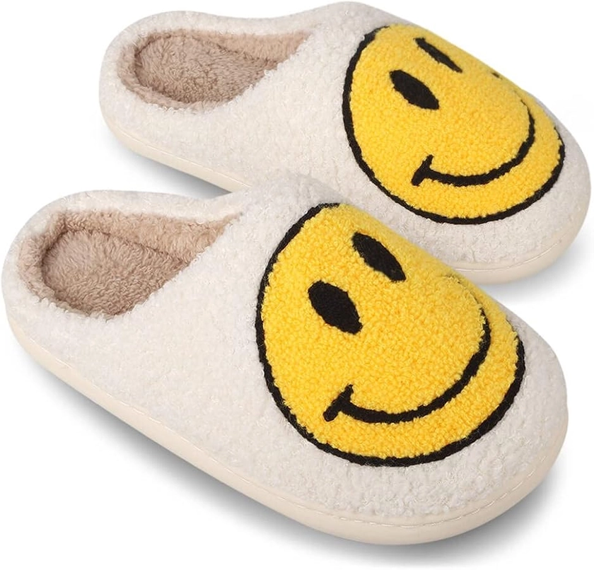 Smile Face Slippers Comfortable Indoor Outdoor Slippers Retro Soft Plush Lightweight Home Slippers, Couples Casual Shoes Non-slip Sole White