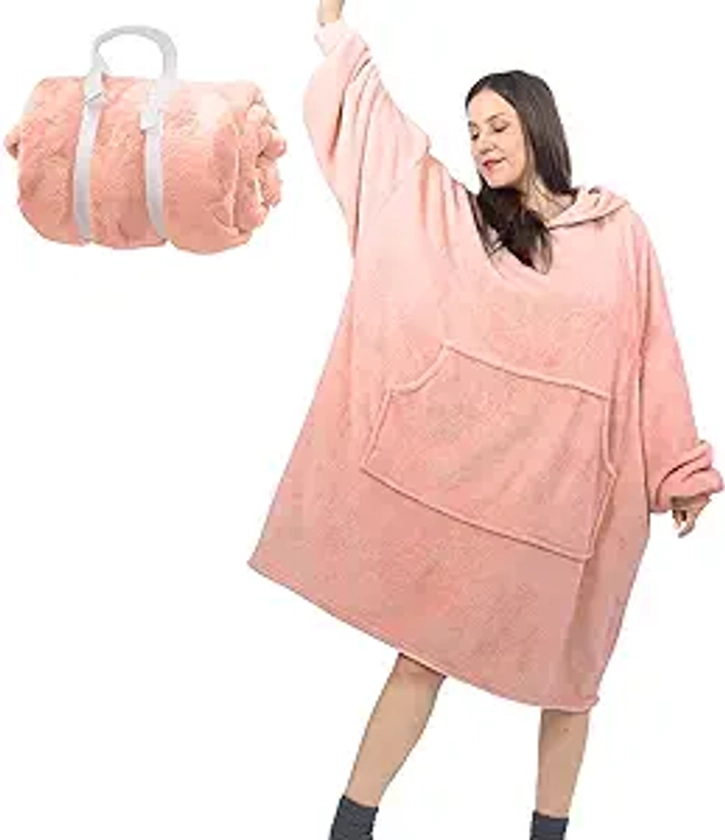Daverose Oversized Wearable Blanket Hoodie for Women Men Adults, Fleece Hoodie Blanket Sweatshirt with Giant Hood & Pocket for Teens, Cozy Hooded Blanket as A Gift Indoor & Outdoor, Light Pink
