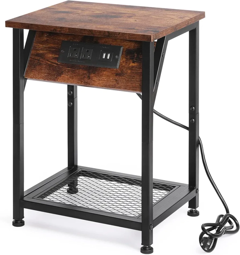 End Table with Charging Station & USB Ports, Side Table Storage Shelf Nightstand for Living Room Bedroom