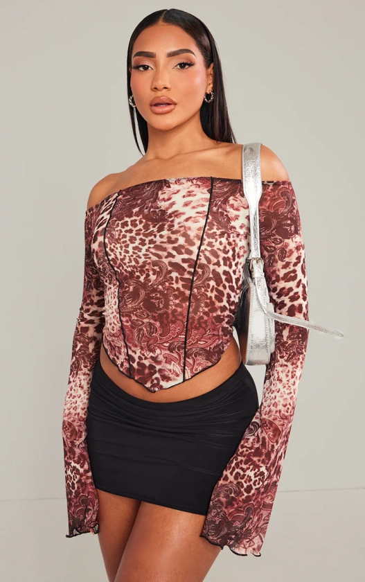 Brown Mesh Printed Flare Sleeve Corset Style Top