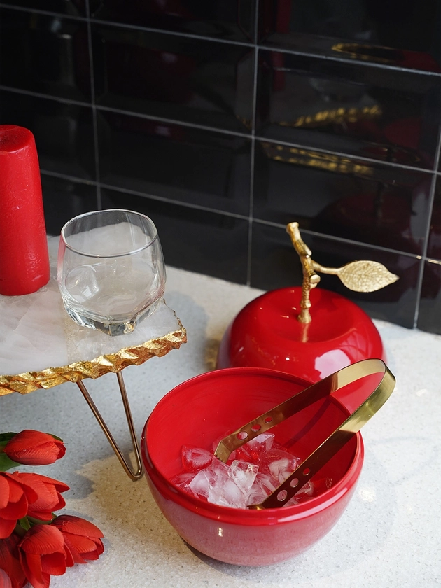 Buy Folkstorys Red & Gold Toned Solid Apple Ice Bucket With Tong -  - Home for Unisex
