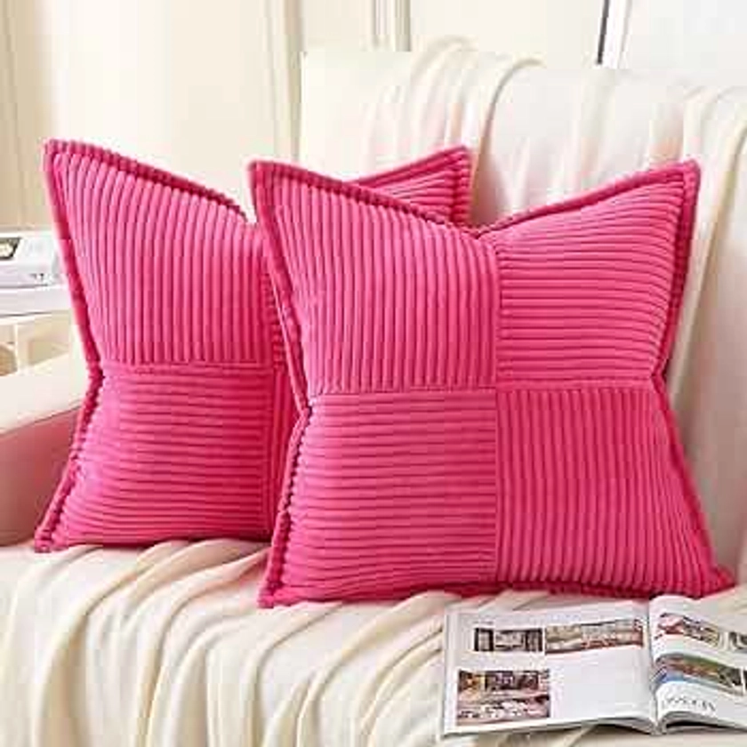 HAUSSY Hot Pink Throw Pillow Covers 20x20 Inch Set of 2,Soft Solid Corduroy Striped/Wide Bordered,Square Decorative Cushion Case,Winter Home Decorations for Couch,Bed