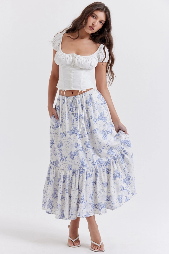 Clothing : Skirts : 'Aitana' Blue Print Midi Skirt