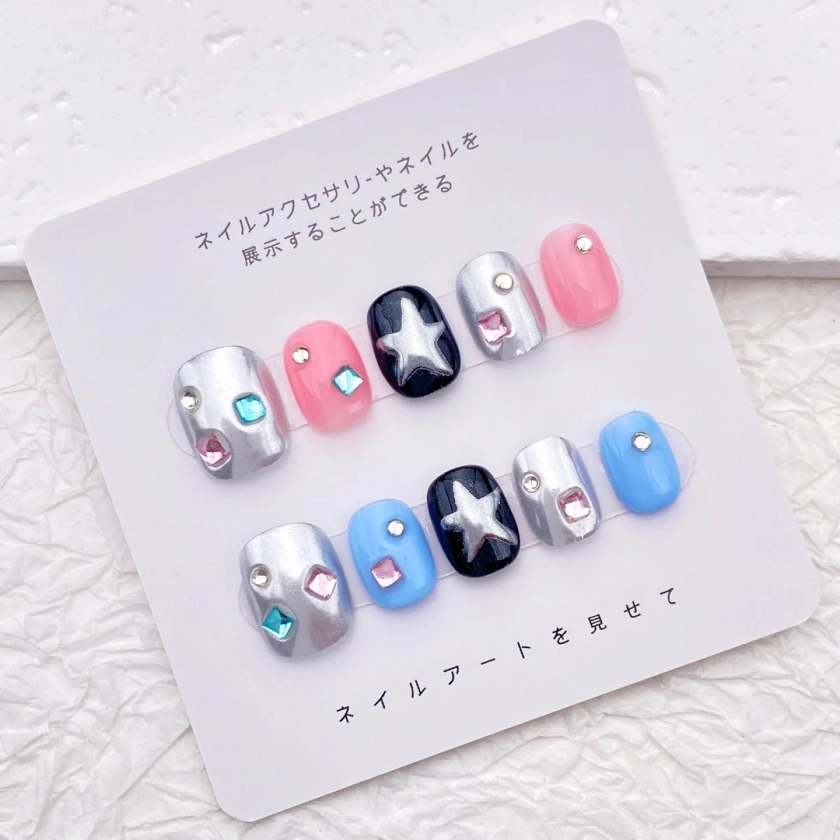 Lovely Y2k Nails Short/Pink Blue Acrylic Nail/Kawaii Press on Nail/Cute Star Nail/Sweet Cool Girl Nail/Party Birthday Nail