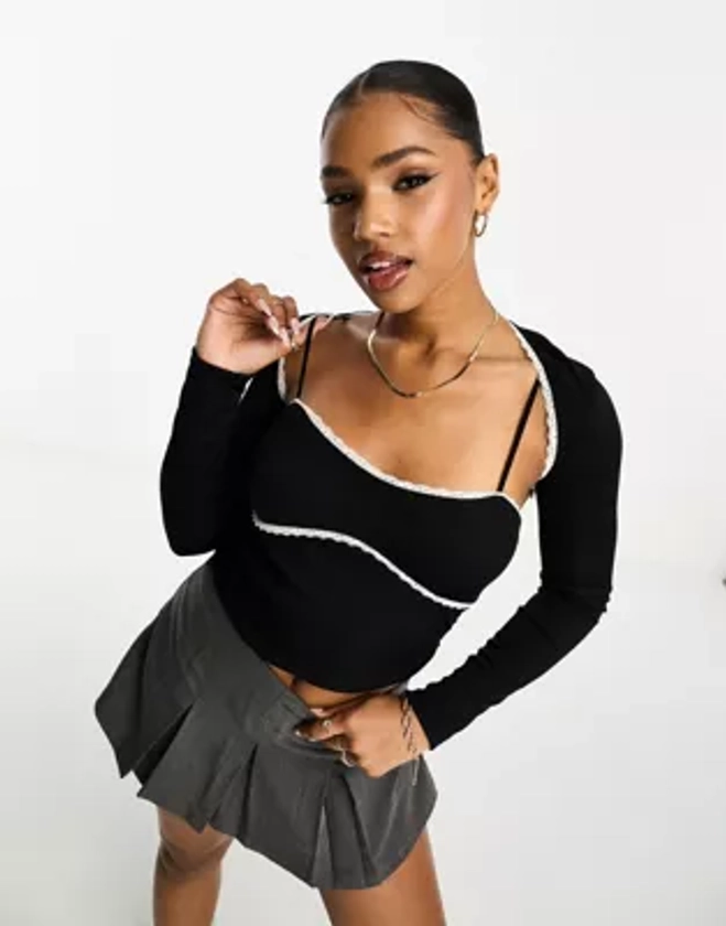 ASOS DESIGN ribbed 2 piece shrug cardigan & cami top with lace trim in black | ASOS