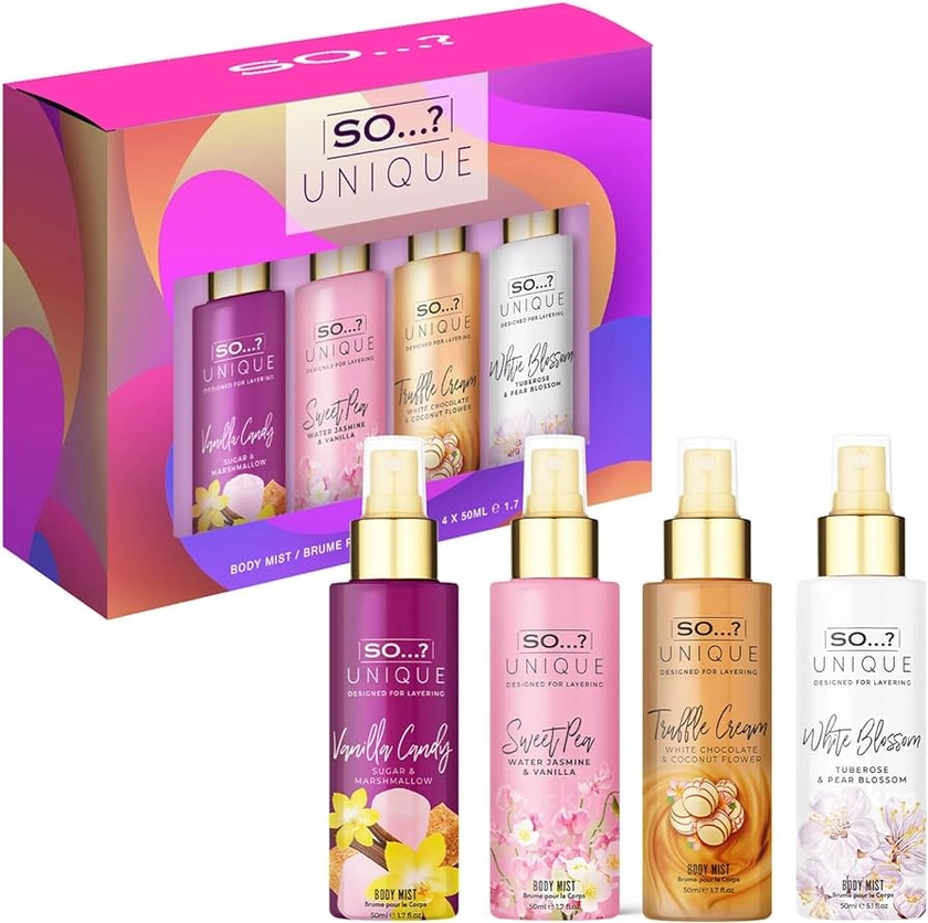 So…? Unique Mini Mist Womens Gift Set with Vanilla Candy, Sweet Pea, Truffle Cream, & Cashmere, Body Mist Fragrance Spray Set (4 x 50ml.)