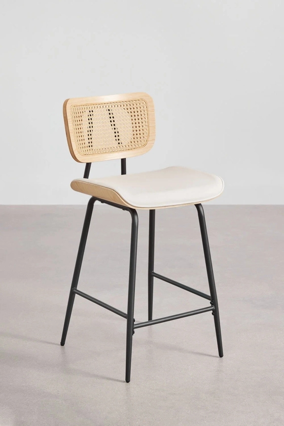 Tabouret haut en bois, rotin et simili cuir Raysa