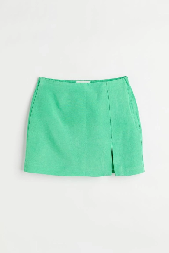 Short linen-blend skirt - Green - Ladies | H&M GB