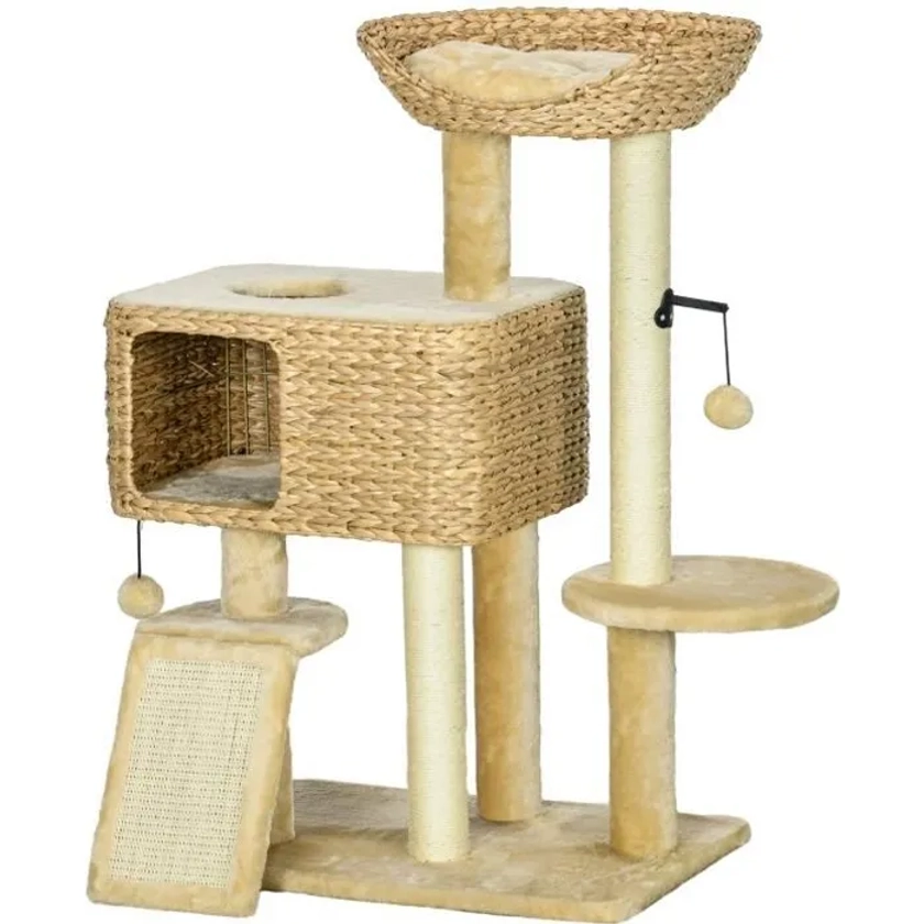 Arbre à chat style cosy chic griffoirs sisal naturel équipement multiple peluche jacinthe d'eau beige