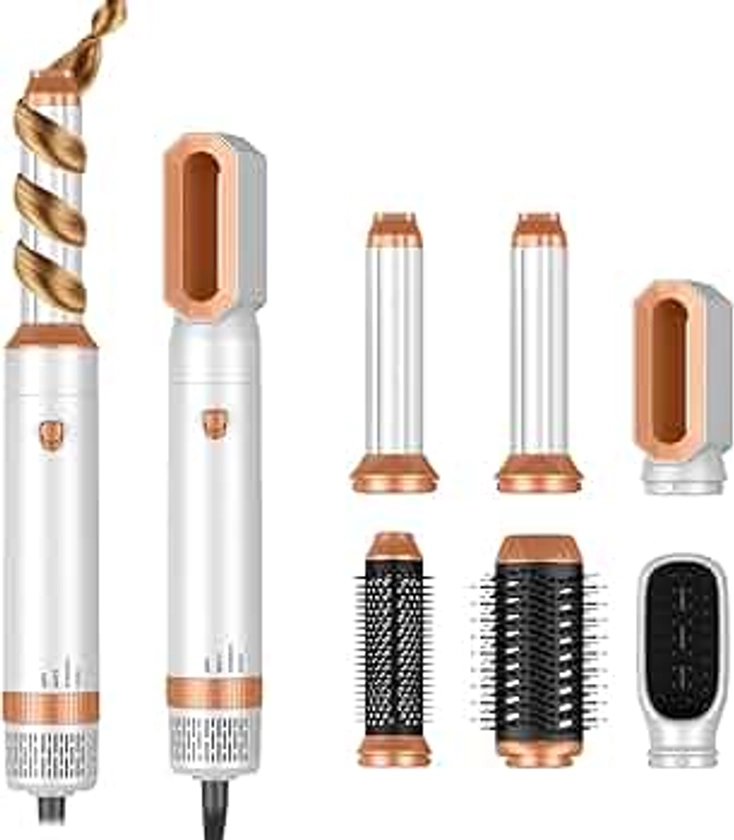 6 in 1 Hair Dryer Brush, Hair Curler Thermal Brush, Curling Wand, Ionic Hair Dryer, Oval Hot Air Brush, Hair Straightener Hair Styling Tools (White Gold)