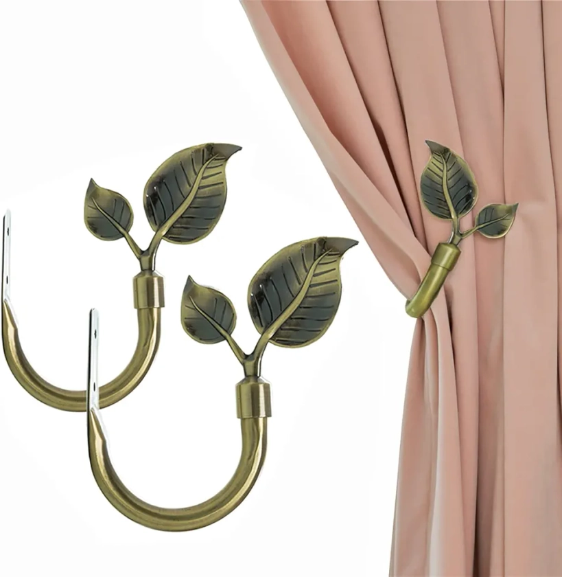 Leaf Shaped Curtain Holdbacks 2pcs, Handmade Metal Curtain Side Holders for Wall, Antique Bronze Brass Curtain Tieback Hook Pull Backs for Drapes Window Home Decoration