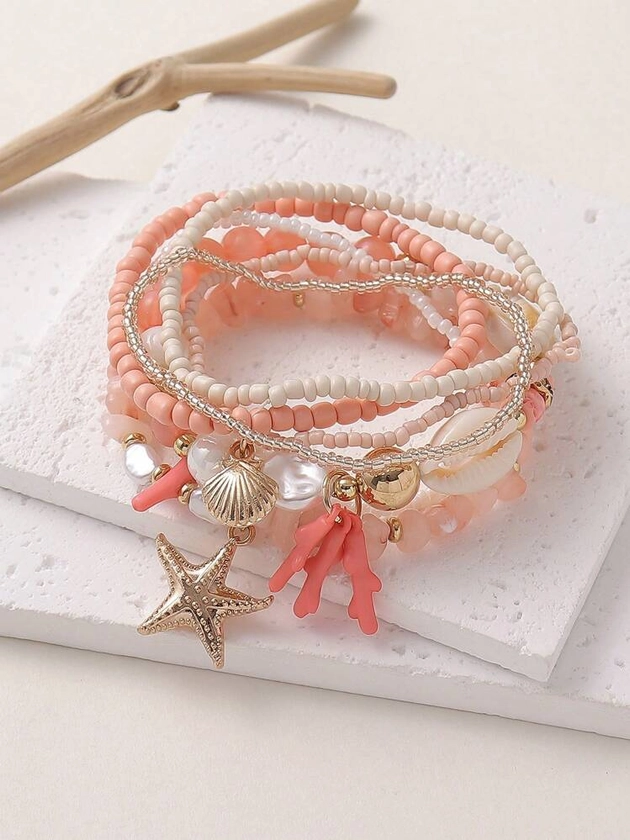 7pcs/Set Pink Beach Vacation Style Elastic String Bracelets For Women, Featuring Shells, Starfish, And Rice Beads, Suitable For Daily Wear And Vacation Outfits