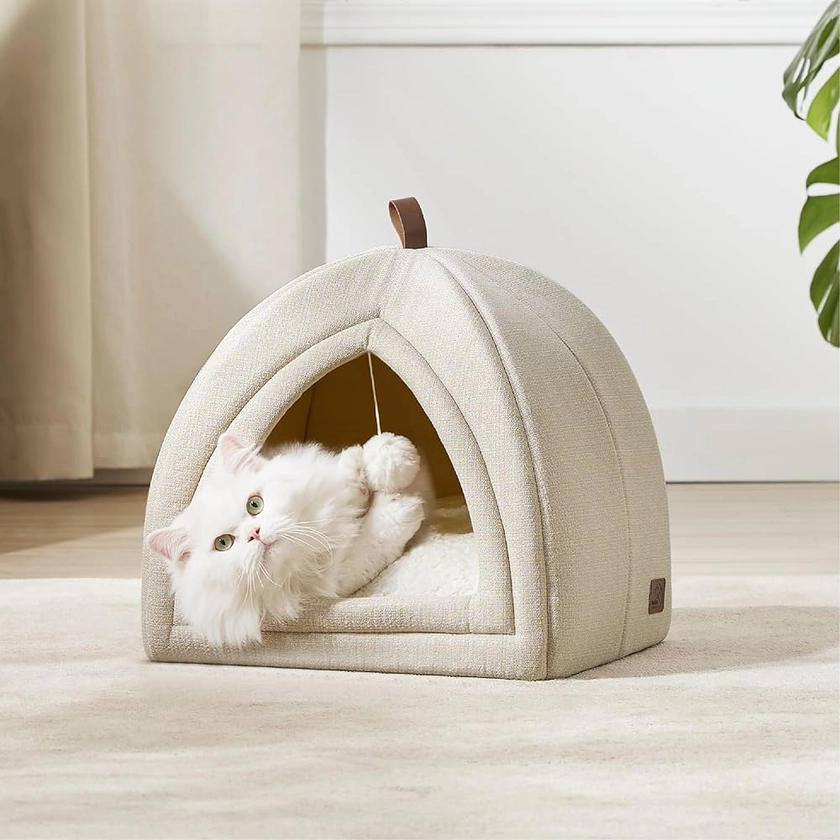 Amazon.com : Bedsure Cat Beds for Indoor Cats - 2 in 1 Cat Cave for Kittens and Small Pets, Foldable Cat House Tent with Removable Washable Cushioned Pillow, Cat Hideaway with Non-Slip Bottom, Beige, 16 inches : Pet Supplies