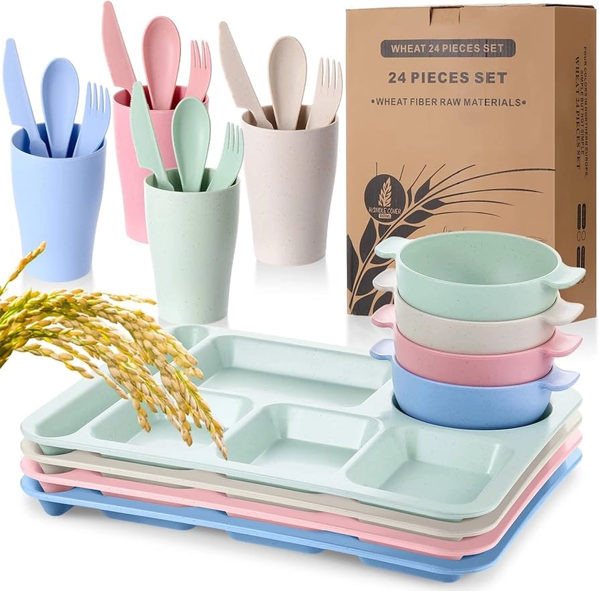 Bokon 24 Pcs Divided Plate for Adult Wheat Straw Lunch cutlery Set Toddler Dinnerware Microwave Safe Picnic School(Mixed Color)