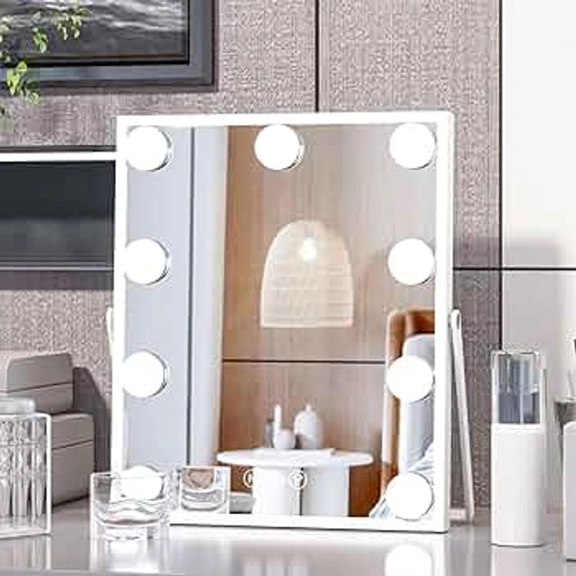 CASSILANDO Hollywood Vanity Mirror with Lights, Vanity Makeup Mirror with 9 LED Bulbs, Tabletop Mirror, 3 Color Lighting Modes, USB Port, Smart Touch Control