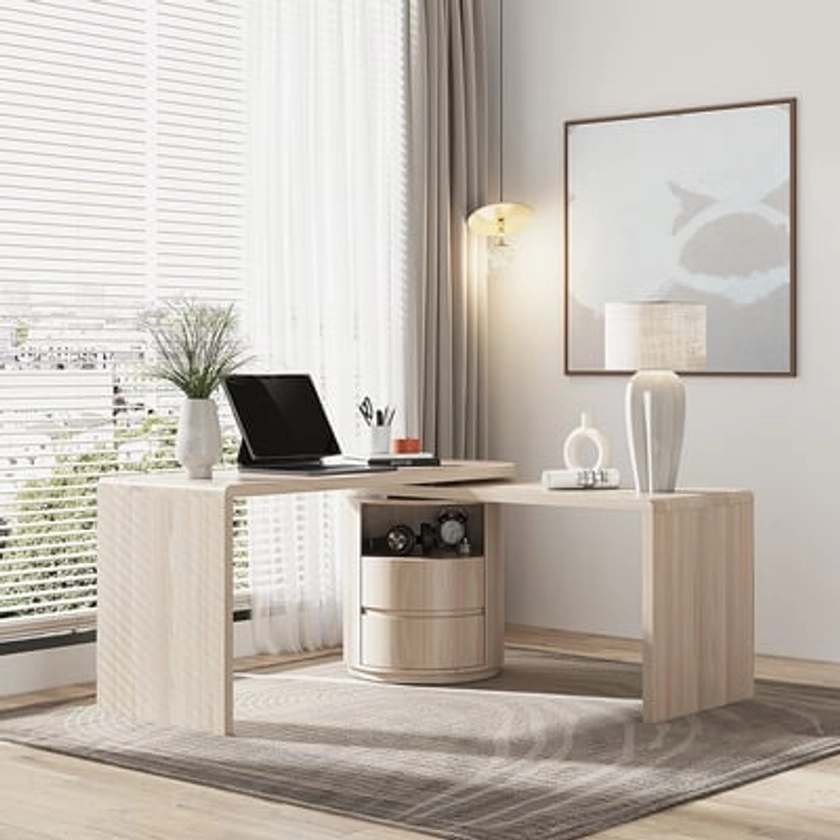 Free Shipping on Modern Wash White L Shaped Desk 1 Cabinet & 2 Drawers 60" Oak Executive Office Desk ｜Homary 